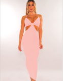 Sexy Solid Hollow Out Spaghetti Strap Long Dress MZ-2625