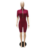 Casual Solid Short Sleeve Zipper Romper MZ-2627