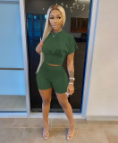 Casual Solid Short Sleeve Two Piece Shorts Set MZ-2629