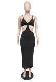 Sexy Solid Hollow Out Spaghetti Strap Long Dress MZ-2625