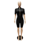 Casual Solid Short Sleeve Zipper Romper MZ-2627