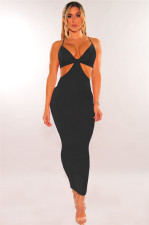 Sexy Solid Hollow Out Spaghetti Strap Long Dress MZ-2625