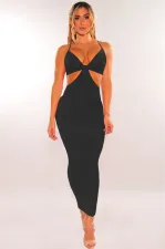 Sexy Solid Hollow Out Spaghetti Strap Long Dress MZ-2625