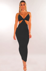 Sexy Solid Hollow Out Spaghetti Strap Long Dress MZ-2625