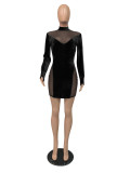 Sexy Velvet Mesh Patchwork Long Sleeve Mini Dress MZ-2606