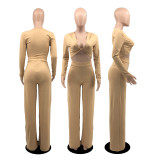 Solid V Neck Long Sleeve Wide Leg Pants 2 Piece Sets YIBF-6105