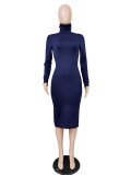 Solid Turtleneck Long Sleeve Thick Slim Midi Dress MZ-2589