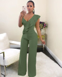 Sexy Solid V Neck Ruffled High Waist Jumpsuit MZ-2288