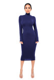 Solid Turtleneck Long Sleeve Thick Slim Midi Dress MZ-2589