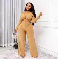 Solid V Neck Long Sleeve Wide Leg Pants 2 Piece Sets YIBF-6105