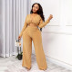 Solid V Neck Long Sleeve Wide Leg Pants 2 Piece Sets YIBF-6105