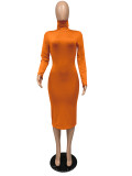 Solid Turtleneck Long Sleeve Thick Slim Midi Dress MZ-2589