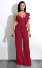 Sexy Solid V Neck Ruffled High Waist Jumpsuit MZ-2288