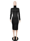 Solid Turtleneck Long Sleeve Thick Slim Midi Dress MZ-2589