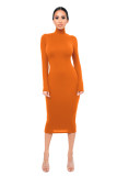 Solid Turtleneck Long Sleeve Thick Slim Midi Dress MZ-2589