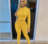 Solid Long Sleeve Slim-Waist Two Piece Pants Set MZ-0119
