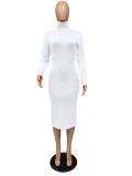 Solid Turtleneck Long Sleeve Thick Slim Midi Dress MZ-2589
