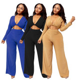 Solid V Neck Long Sleeve Wide Leg Pants 2 Piece Sets YIBF-6105