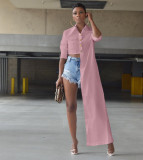 Solid Long Sleeve Button Up Irregular Shirt TK-6192