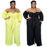 Plus Size Off Shoulder Long Sleeve Wide Leg Jumpsuit NNWF-7294
