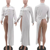 Solid Long Sleeve Button Up Irregular Shirt TK-6192