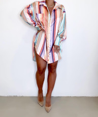 Colorful Striped Long Sleeve Loose Shirt Dress HMS-5498