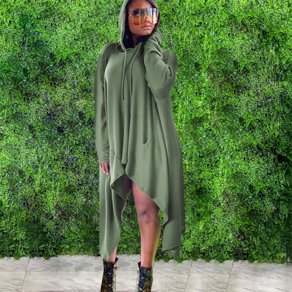 Casual Loose Hooded Irregular Midi Dress QSF-51032