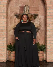 Plus Size Solid Long Sleeve Pocket Maxi Skirt 2 Piece Sets WAF-77238