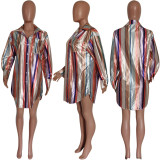 Colorful Striped Long Sleeve Loose Shirt Dress HMS-5498