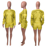 Casual Printed Long Sleeve Two Piece Shorts Set NIK-257