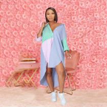 Casual Loose Striped Long Sleeve Irregular Shirt Dress BDF-8096