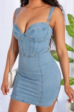 Sexy Denim Sleeveless Split Sling Mini Dress LX-6914