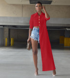 Solid Long Sleeve Button Up Irregular Shirt TK-6192