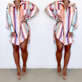Colorful Striped Long Sleeve Loose Shirt Dress HMS-5498
