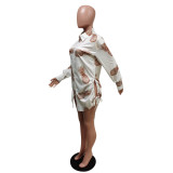 Sexy Printed Long Sleeve Drawstring Shirt Dress MEM-88384