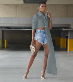 Solid Long Sleeve Button Up Irregular Shirt TK-6192