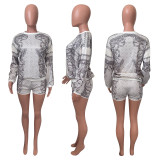 Casual Printed Long Sleeve Two Piece Shorts Set NIK-257