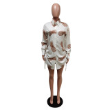 Sexy Printed Long Sleeve Drawstring Shirt Dress MEM-88384