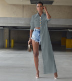 Solid Long Sleeve Button Up Irregular Shirt TK-6192