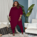 Plus Size Solid Irregular Long Top And Pants 2 Piece Sets QSF-51023