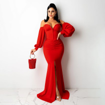 Sexy Solid Off Shoulder Split Maxi Evening Dress SFY-2131
