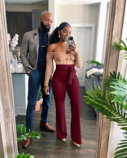 Solid High Waist Sashes Pants LSL-6466