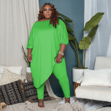 Plus Size Solid Irregular Long Top And Pants 2 Piece Sets QSF-51023