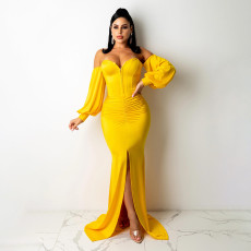 Sexy Solid Off Shoulder Split Maxi Evening Dress SFY-2131