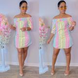 Fashion One Word Collar Print Mini Dress NY-2145