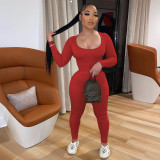Solid U-Neck Long Sleeve Two Piece Pants Set IV-8240