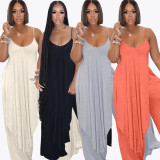 Plus Size Solid Split Sling Top Wide Leg Pants 2 Piece Sets OLYF-6035-1