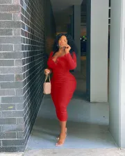 Plus Size Solid Full Sleeve Long Dress FNN-8629