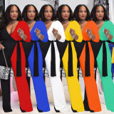 Plus Size Contrast Color Patchwork Sashes Jumpsuit WPF-80288