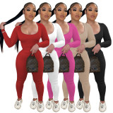 Solid U-Neck Long Sleeve Two Piece Pants Set IV-8240